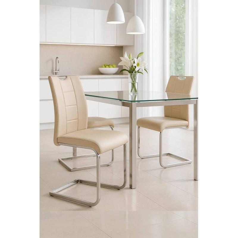 Silla piel sintética beige claro/ patas níquel 42x45x100cm
