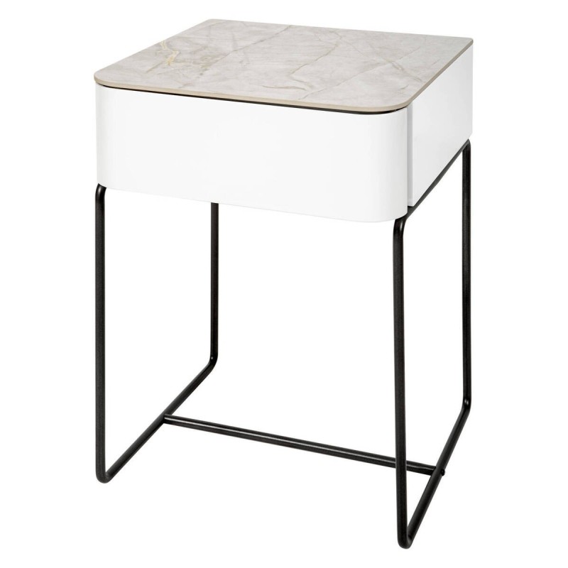 Mesita de noche estructura negra/blanco brillo/tapa piedra 40x40x54cm