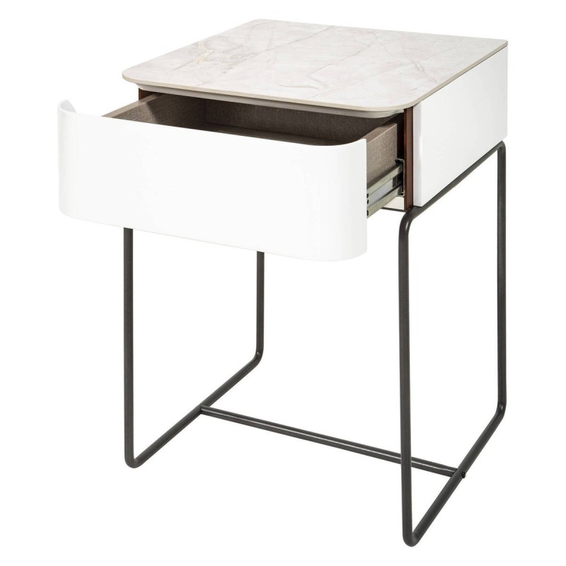 MESITA DE NOCHE ESTRUCTURA NEGRA/ BLANCO BRILLO/ TAPA PIEDRA