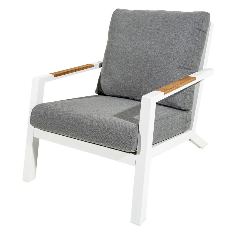 SILLÓN DE EXTERIOR ALUMINIO BLANCO BRAZOS TECA TEJIDO GRIS 75.5x90.5x78.5cm