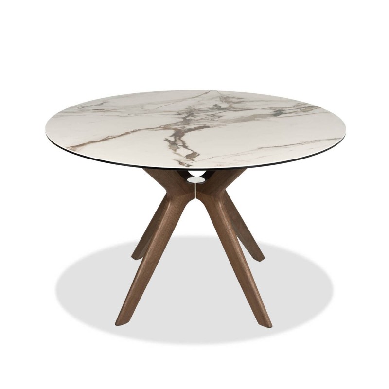 MESA REDONDA TAPA CERÁMICA - PATAS CHAPA NOGAL (120x76cm)