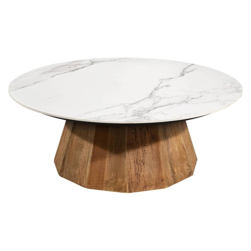 Mesa de centro redonda madera de pino reciclado y tapa cerámica 90x35.5cm