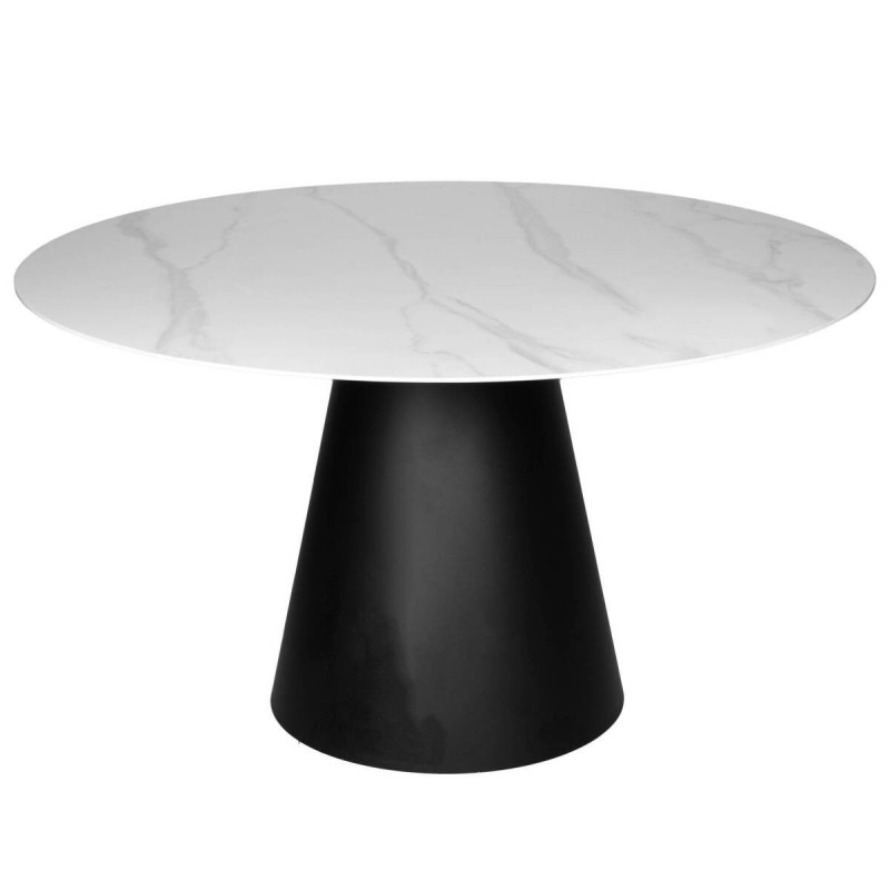 MESA REDONDA TAPA DE CERÁMICA TEXTURIZADA Y BASE DE METAL NEGRO 135x77cm