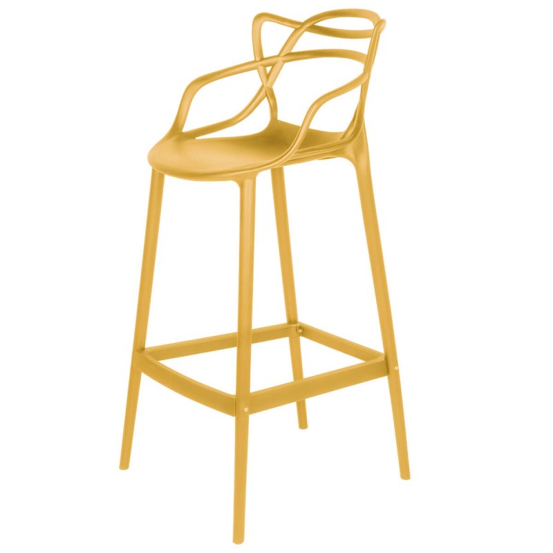 TABURETE DE PLÁSTICO AMARILLO MOSTAZA CON DISEÑO CURVILÍNEO EN RESPALDO 75CM