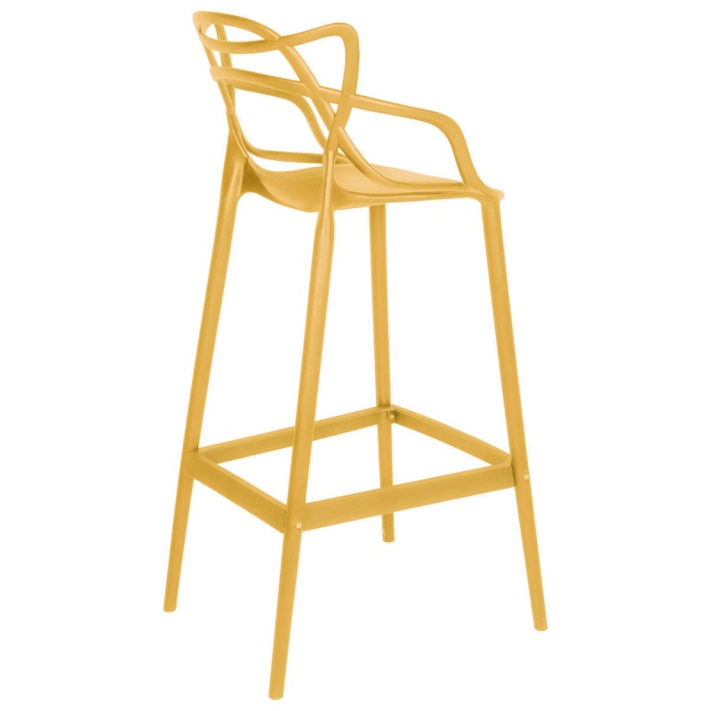 TABURETE DE PLÁSTICO AMARILLO MOSTAZA CON DISEÑO CURVILÍNEO EN RESPALDO 75CM