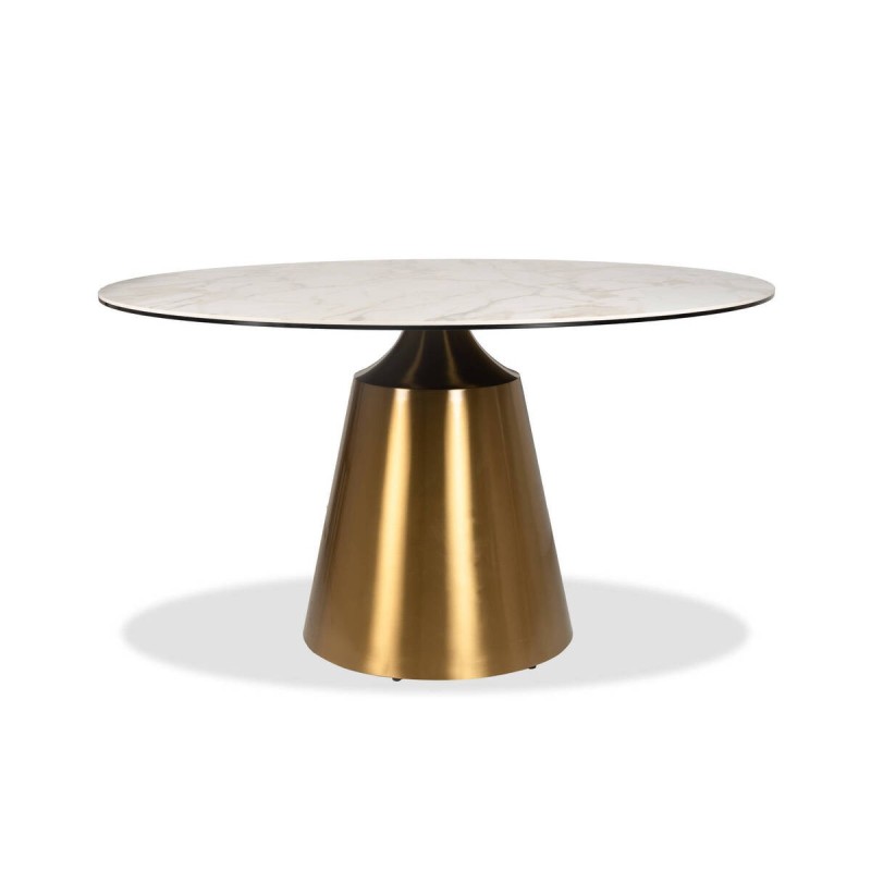 MESA COMEDOR BASE METÁLICA ORO CEPILLADO Y TAPA CERÁMICA BLANCA