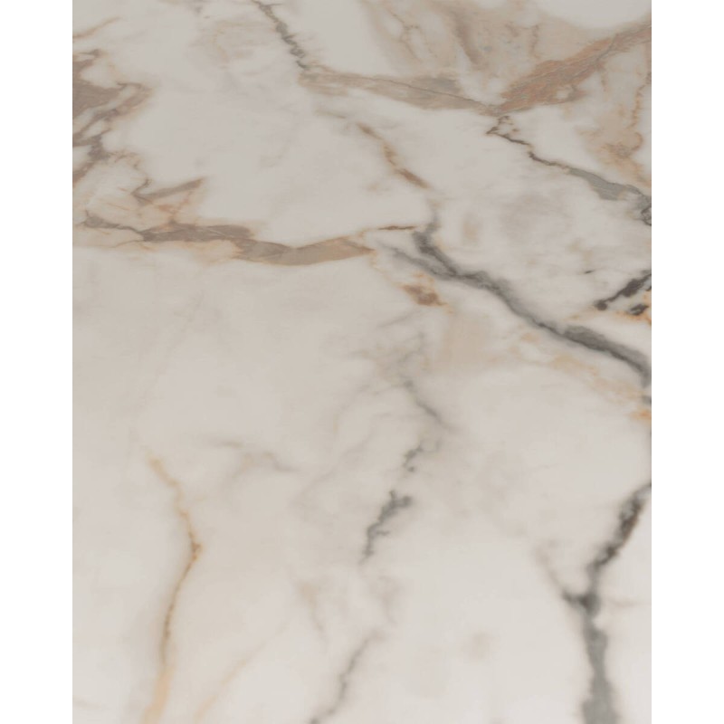 MESA COMEDOR BASE METÁLICA ORO CEPILLADO Y TAPA CERÁMICA BLANCA