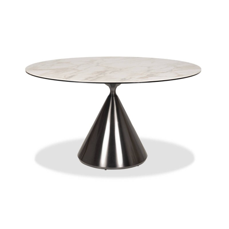 Mesa de comedor redonda nova con tapa de cerámica y base cónica gris 135x76cm