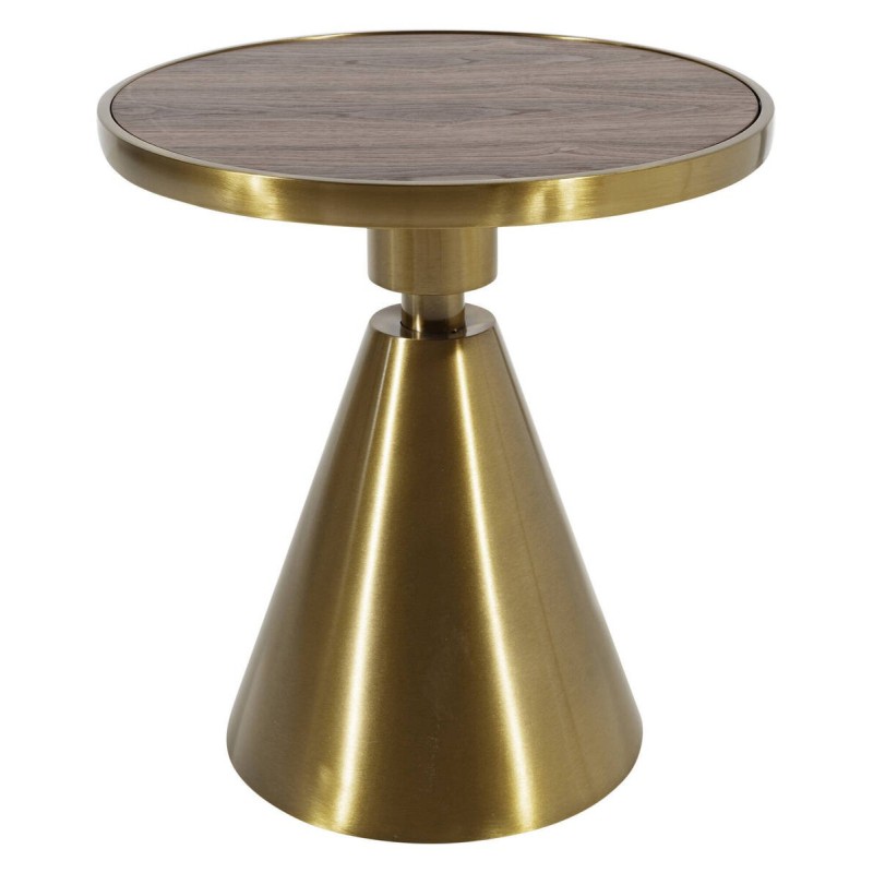 Mesa rincón redonda con base de acero oro y tapa natural