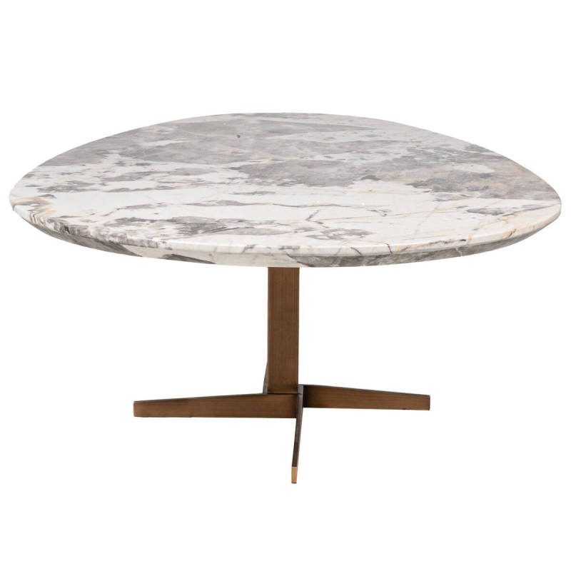 MESA DE CENTRO OVALADA PIE DE METAL BRONCE CON TAPA DE MARMOL