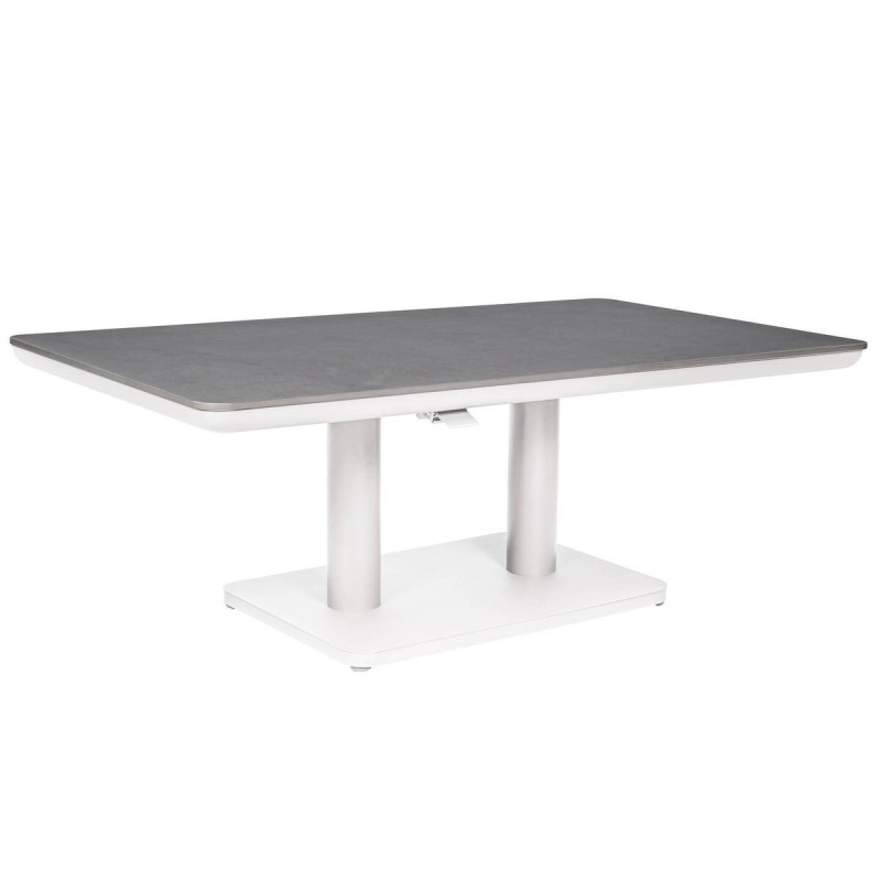 Mesa de centro elevable de aluminio blanco y tapa de cristal 140x80x51/72cm