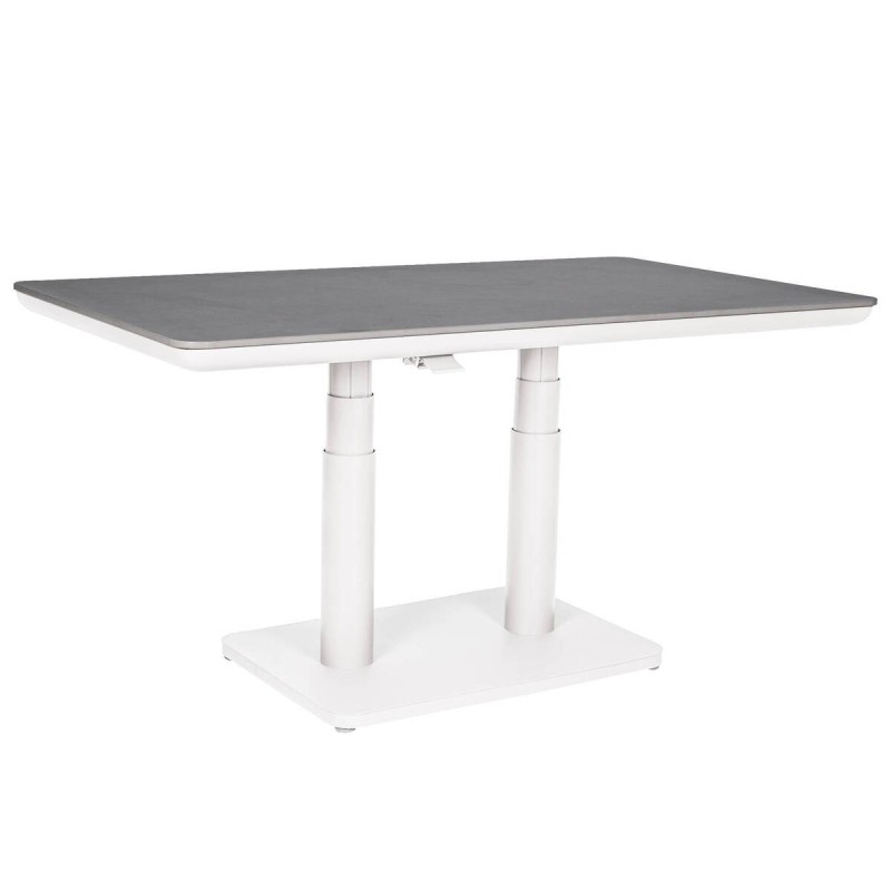 Mesa de centro elevable de aluminio blanco y tapa de cristal 140x80x51/72cm
