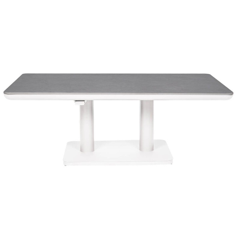 Mesa de centro elevable de aluminio blanco y tapa de cristal 140x80x51/72cm