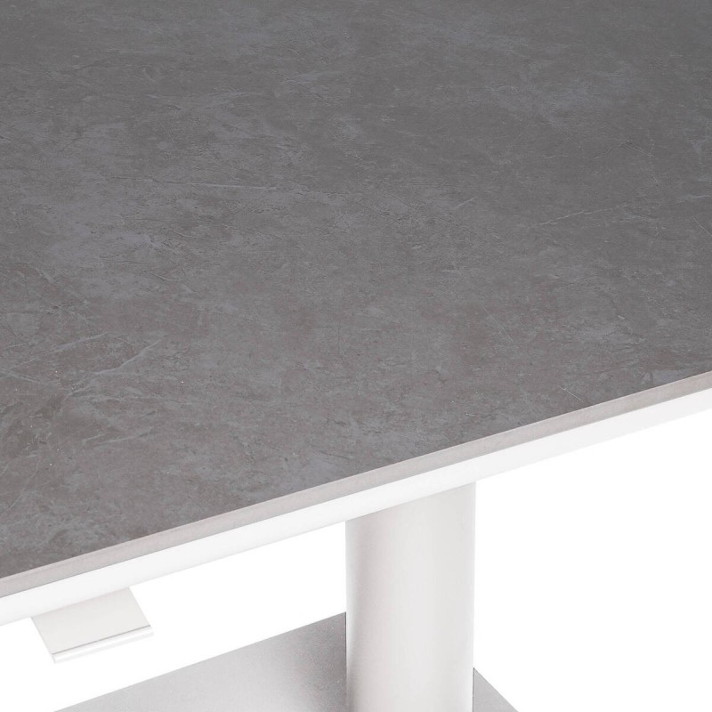 Mesa de centro elevable de aluminio blanco y tapa de cristal 140x80x51/72cm