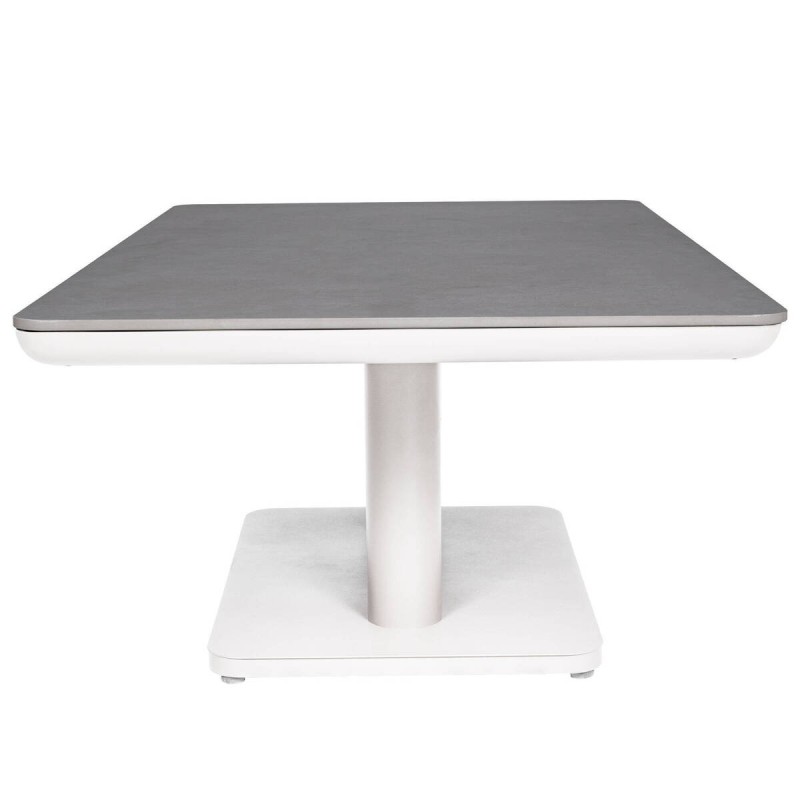 Mesa de centro elevable de aluminio blanco y tapa de cristal 140x80x51/72cm