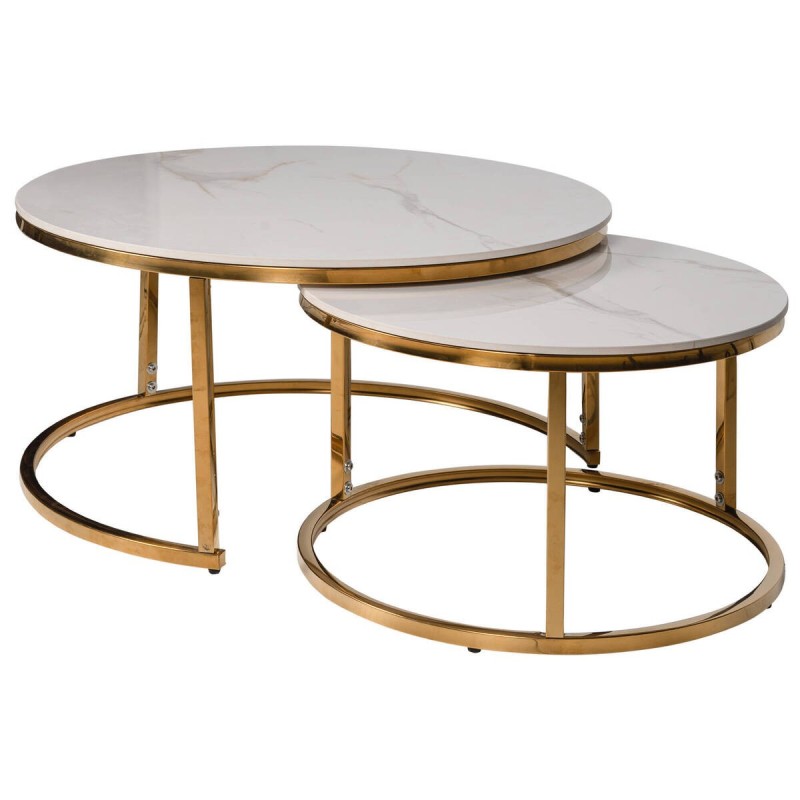 SET DE MESAS DE CENTRO DE CERÁMICA Y BASE COLOR ORO 140x80x50cm