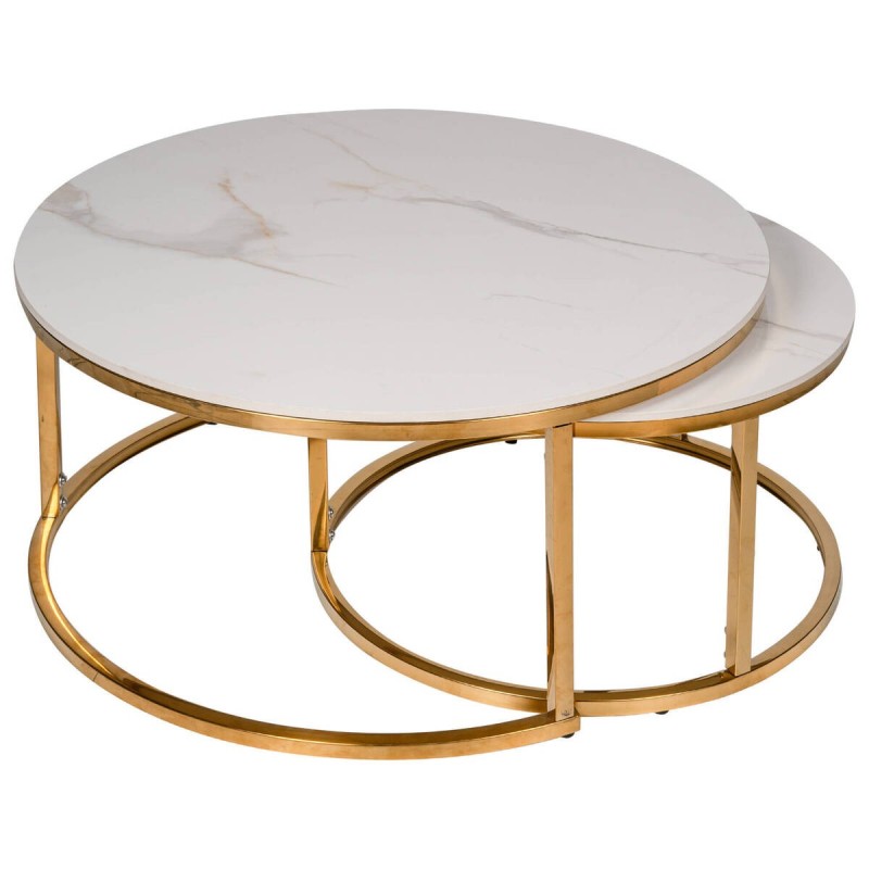 SET DE MESAS DE CENTRO DE CERÁMICA Y BASE COLOR ORO 140x80x50cm