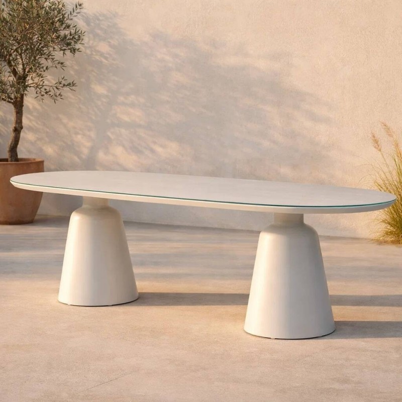Mesa de comedor de terraza Eclipse ovalada con tapa de cristal cerámico