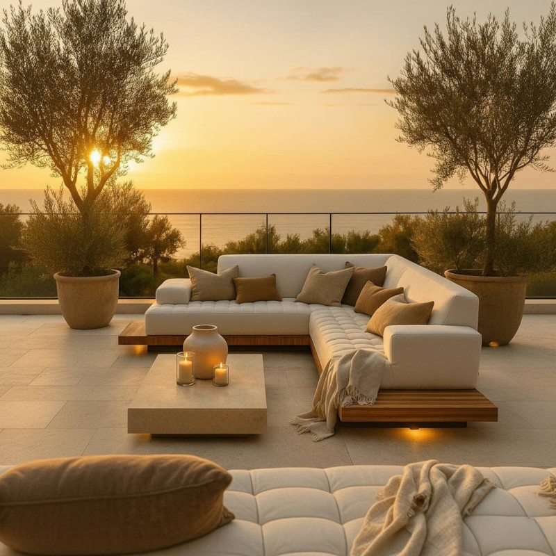 Sofá modular de exterior en teca en L 206×97×73 y 298×97×73 cm.