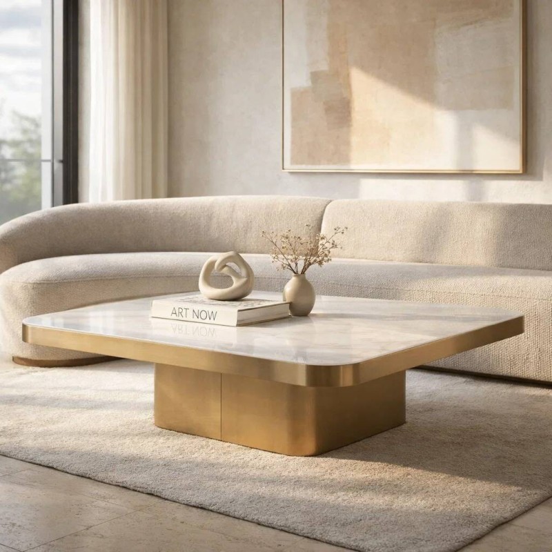 Mesa de centro Atlas cuadrada de mármol blanco y latón cepillado