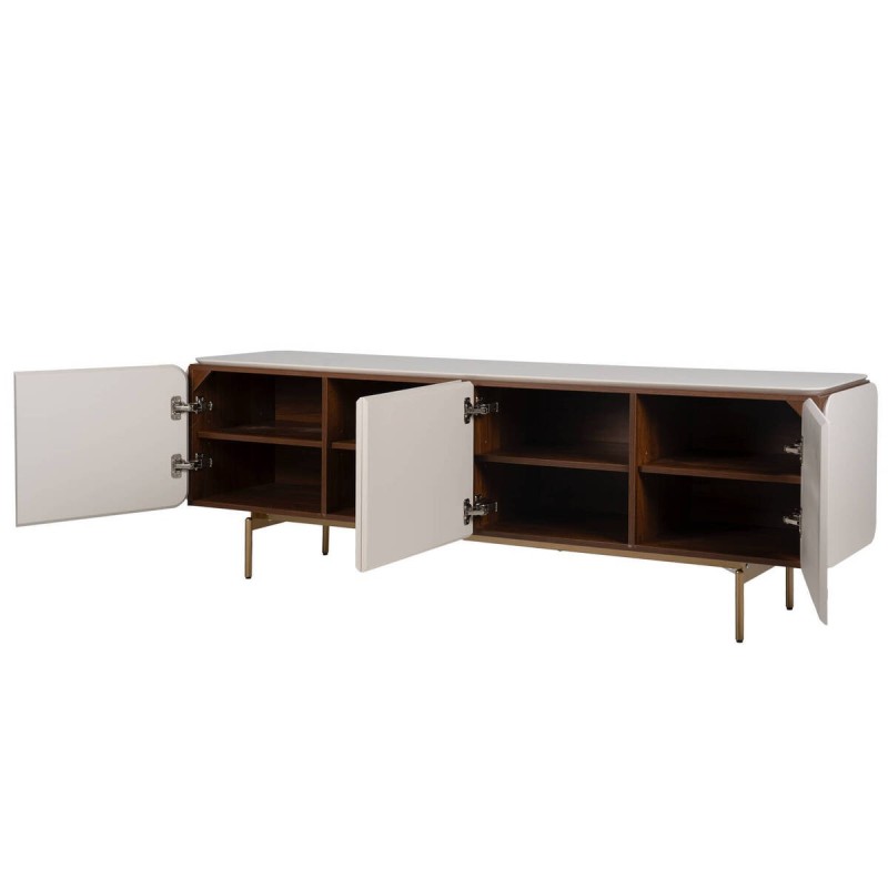 Mueble de tv beige lacado mate con detalles en nogal 184x42x61cm