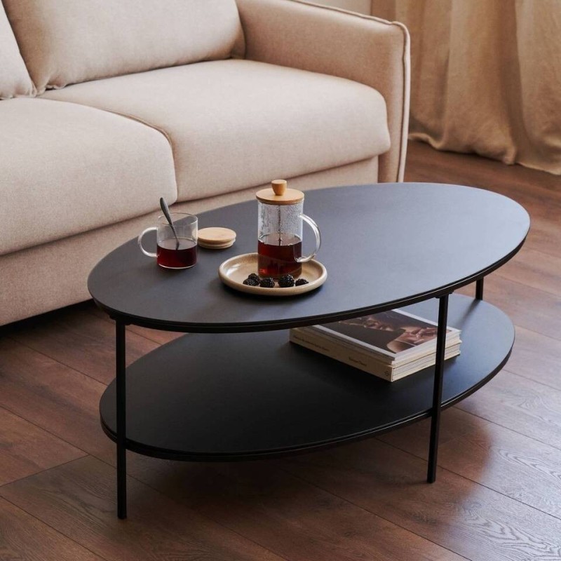 Mesa de centro Fideia cristal templado y metal acabado pintado negro brillante Ø 110 cm