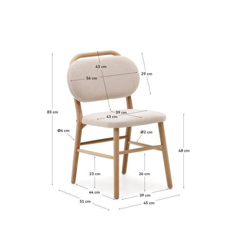 Silla helda de chenilla beige y madera de roble 45x51x83cm
