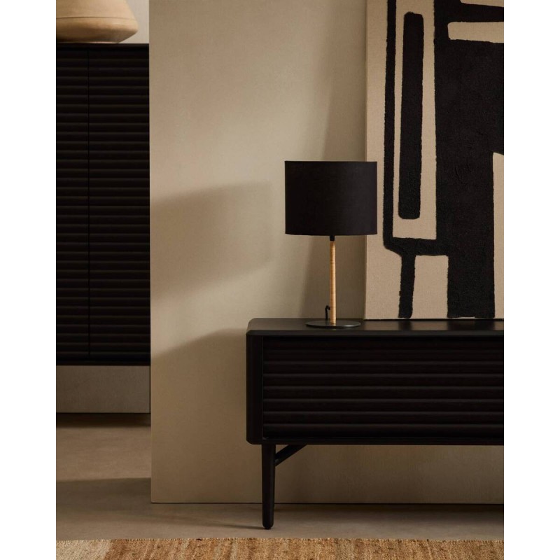 Lámpara de mesa pina de metal y ratán con pantalla negra 35x51cm