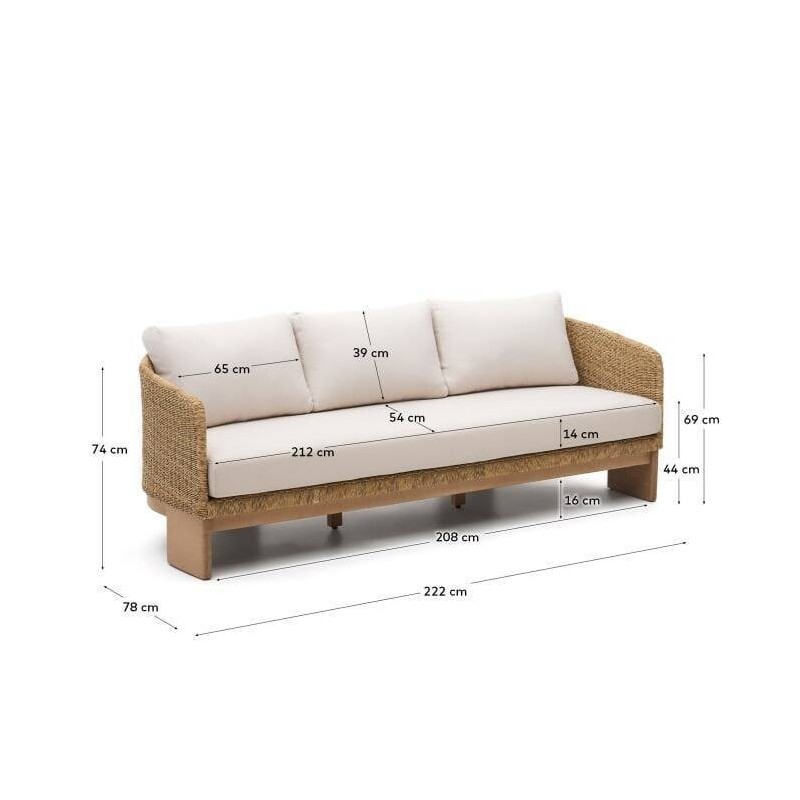 Sofá xoriguer de 3 plazas de ratán sintético y madera de eucalipto 223x78x74cm