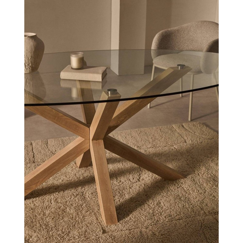 Mesa ovalada Argo de cristal transparente 200 x 100 cm con patas metálicas color madera