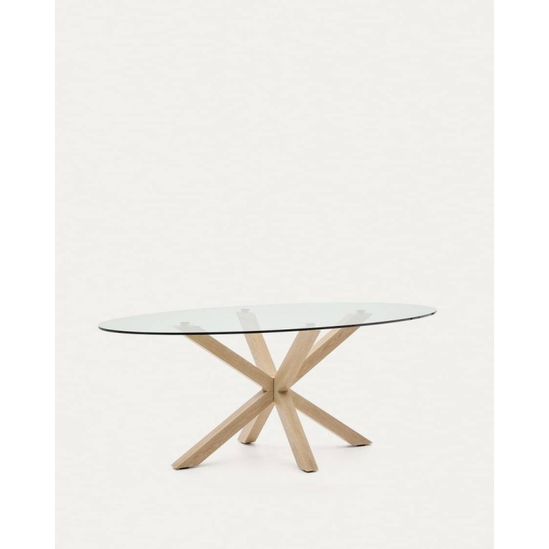 Mesa ovalada Argo de cristal transparente 200 x 100 cm con patas metálicas color madera