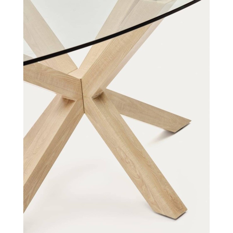 Mesa ovalada Argo de cristal transparente 200 x 100 cm con patas metálicas color madera