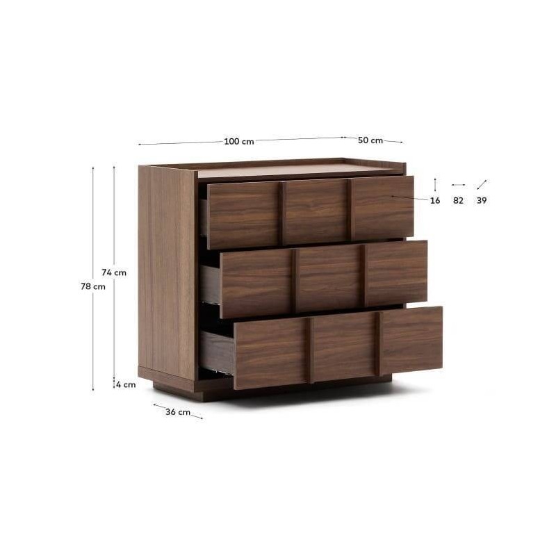 CÓMODA ONIX CON 3 CAJONES DE CHAPA DE NOGAL ACABADO OSCURO 100x50x78cm