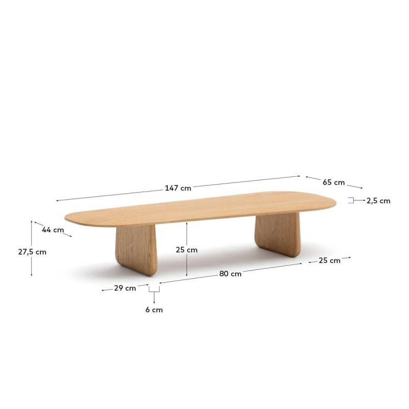 Mesa de centro Pirita de madera maciza de roble con acabado natural 146 x 56,5 cm FSC 100%