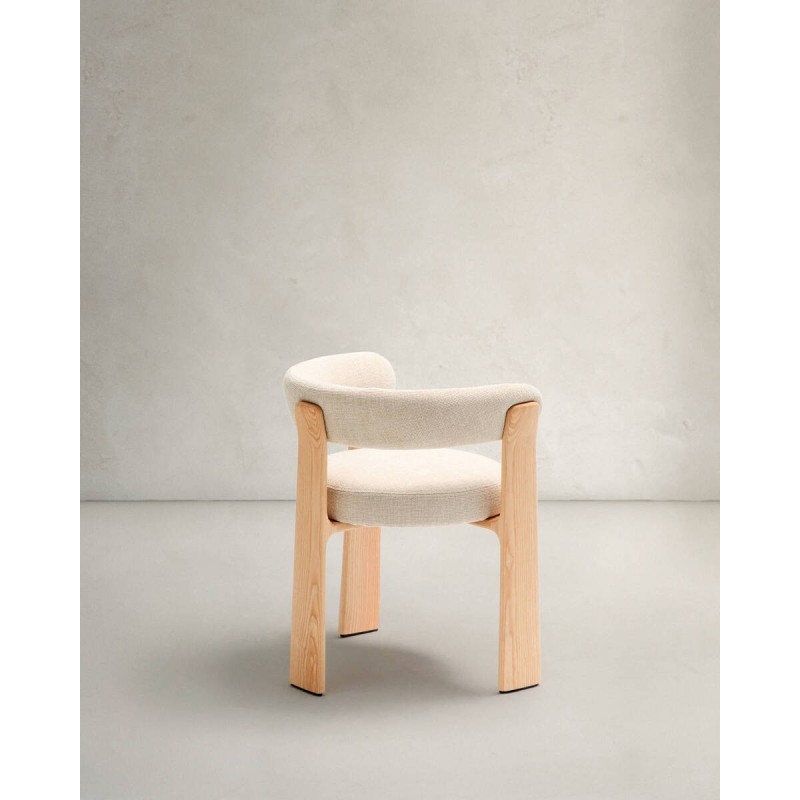 Silla granite de 3 patas de chenilla beige y madera de fresno acabado natural  61x53x73cm