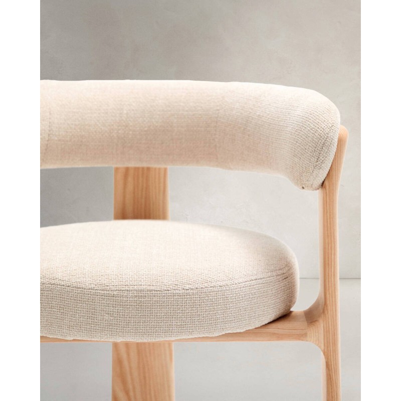 Silla granite de 3 patas de chenilla beige y madera de fresno acabado natural  61x53x73cm