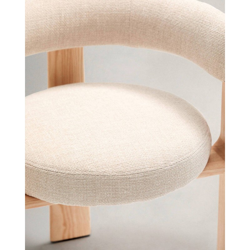 Silla granite de 3 patas de chenilla beige y madera de fresno acabado natural  61x53x73cm