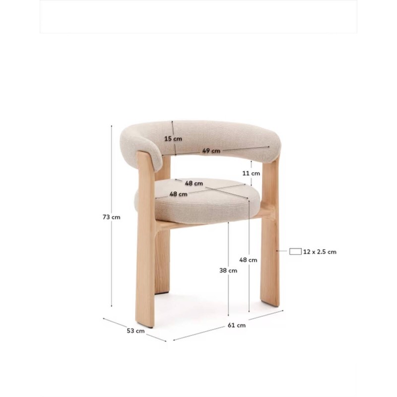 Silla granite de 3 patas de chenilla beige y madera de fresno acabado natural  61x53x73cm