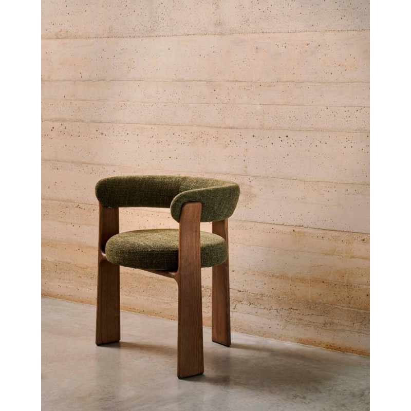 Silla granite de 3 patas de chenilla verde y madera de fresno acabado nogal 61x53x73cm