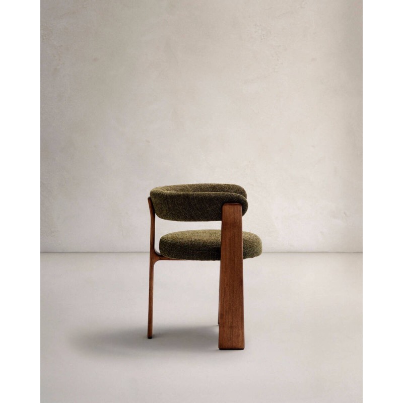 Silla granite de 3 patas de chenilla verde y madera de fresno acabado nogal 61x53x73cm