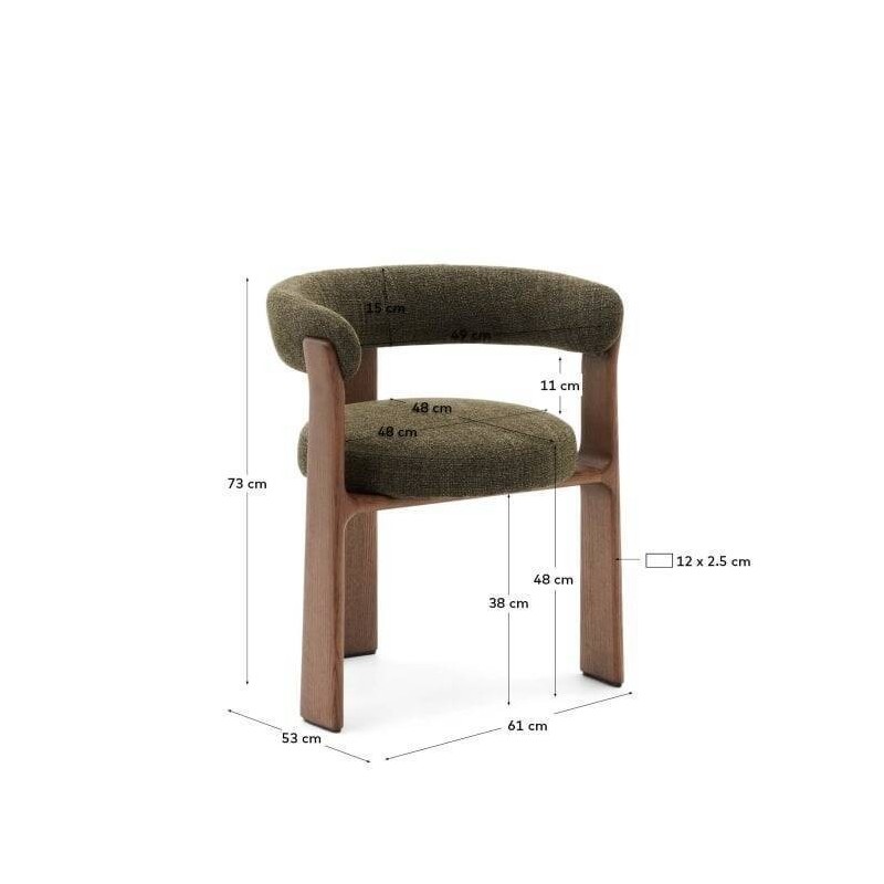 Silla granite de 3 patas de chenilla verde y madera de fresno acabado nogal 61x53x73cm