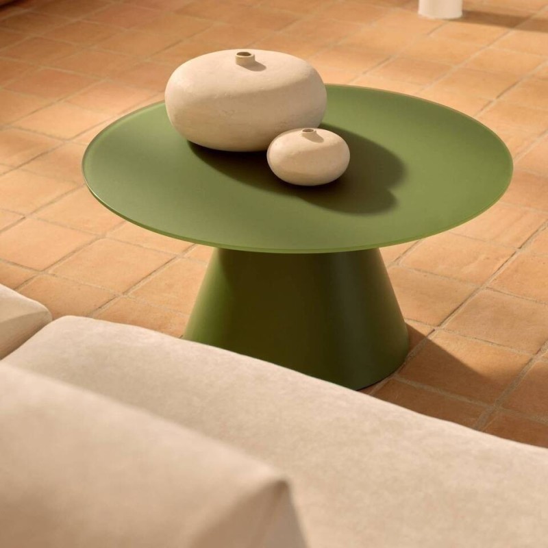 Mesa de centro Wilshire cristal templado glaseado y acero acabado pintado verde mate Ø80cm