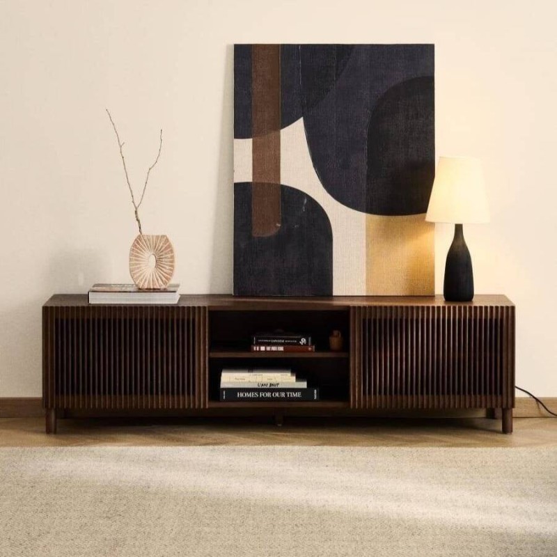 Mueble TV Beyla de chapa y madera maciza de fresno con acabado tono nogal 180 x 49,5 cm FSC 100%