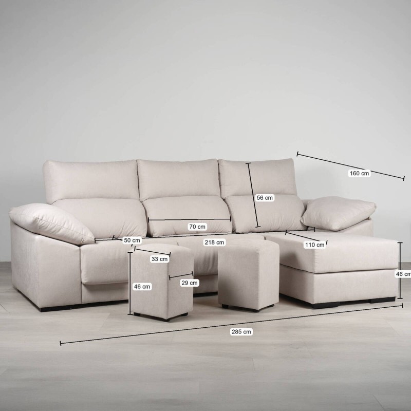 Sofá Nilo Chaise Longue derecho con Deslizantes con Pufs 285cm