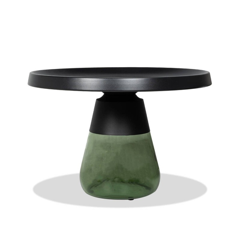Mesa auxiliar Olmo de vidrio verde botella y tapa de metal negro 70x45cm