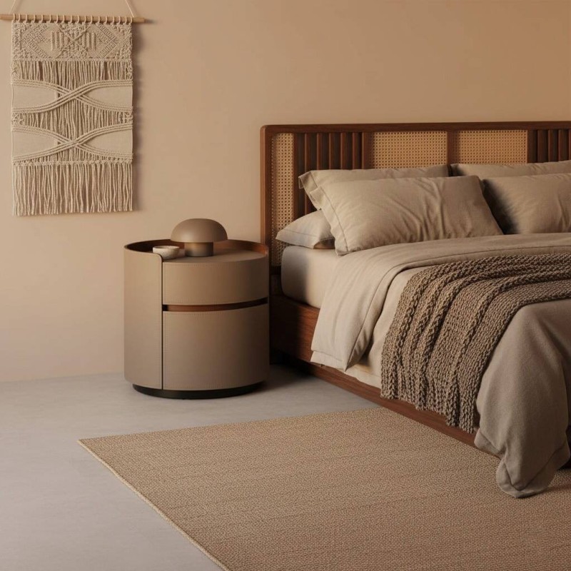 Mesita de noche Silk redonda tapizada en piel con dos cajones