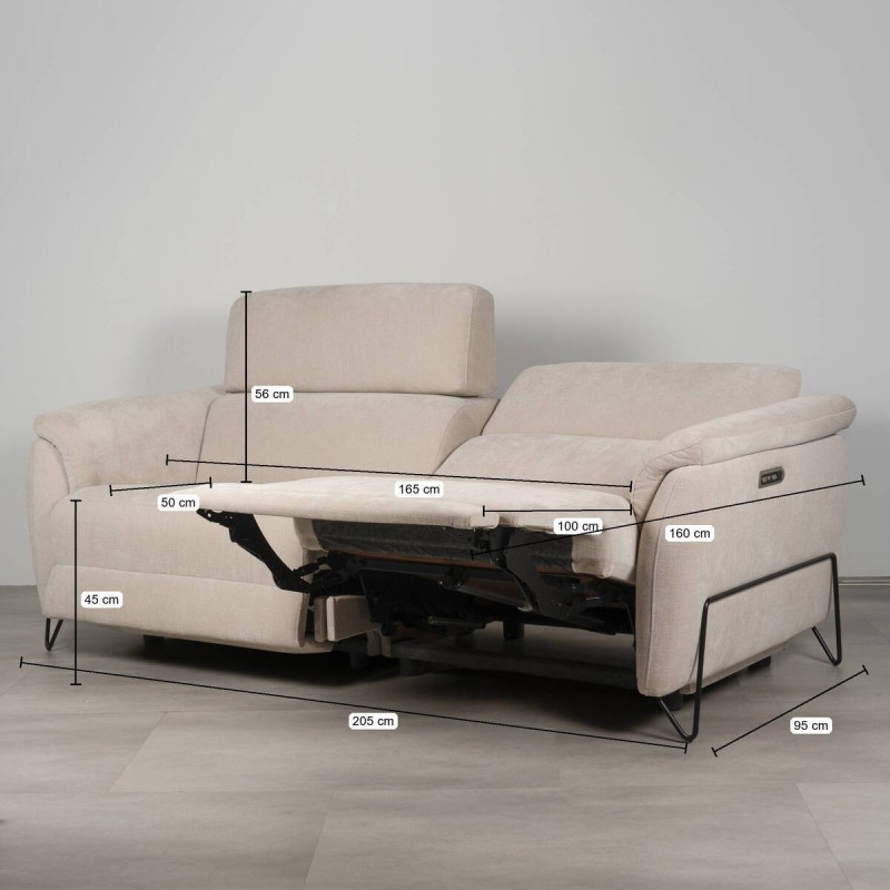 Sofá Estela relax motorizado con cabezal reclinable y USB 205cm