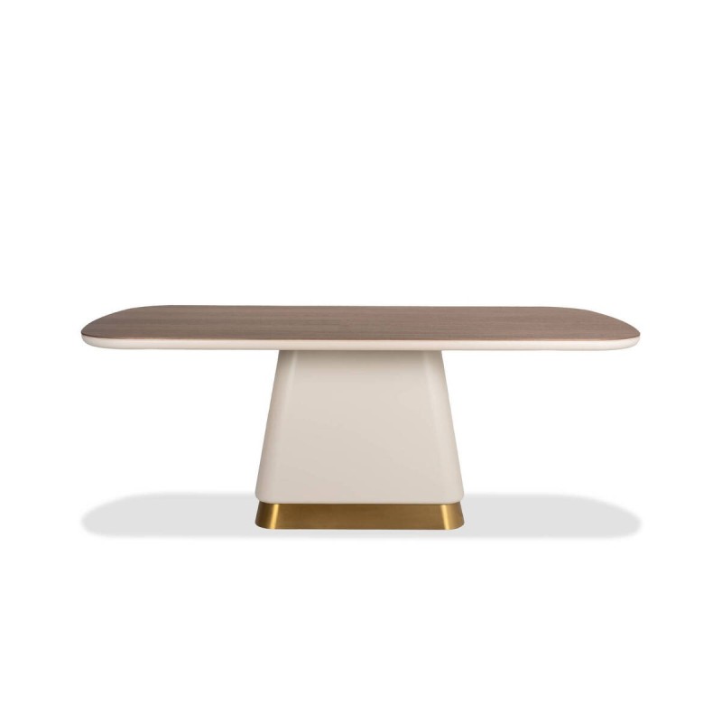 MESA DE COMEDOR AUREN RECTANGULAR EN NOGAL Y BEIGE CON BASE DORADA