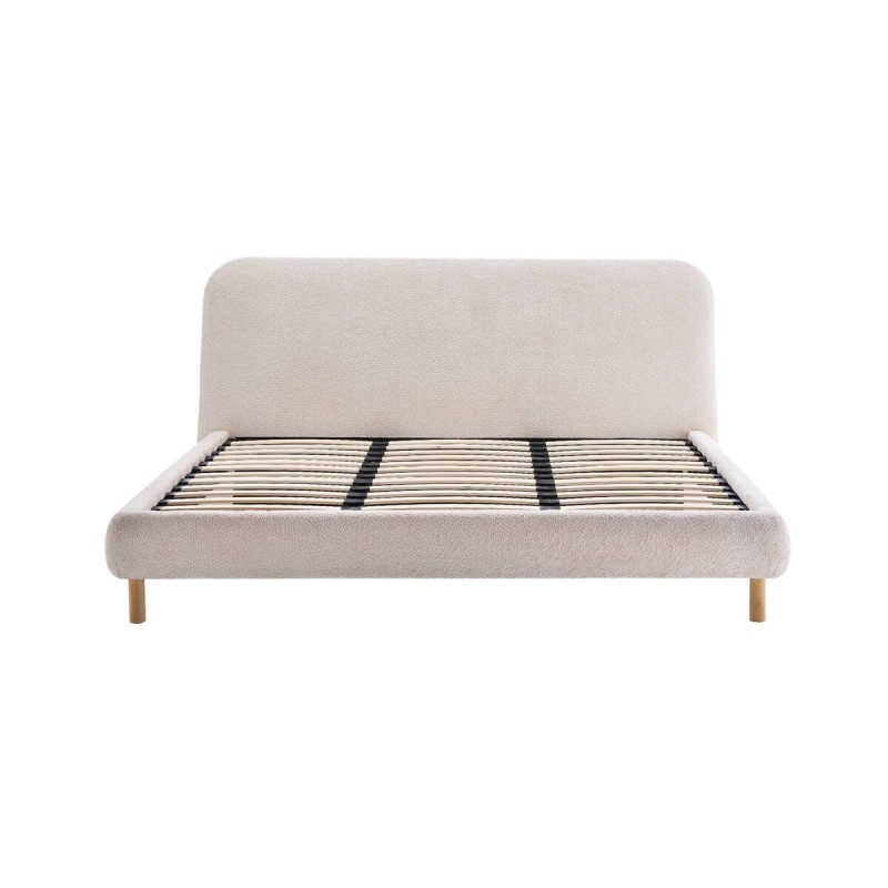 Cama Elna en tejido bouclé beige con patas de madera para colchón 180x200cm