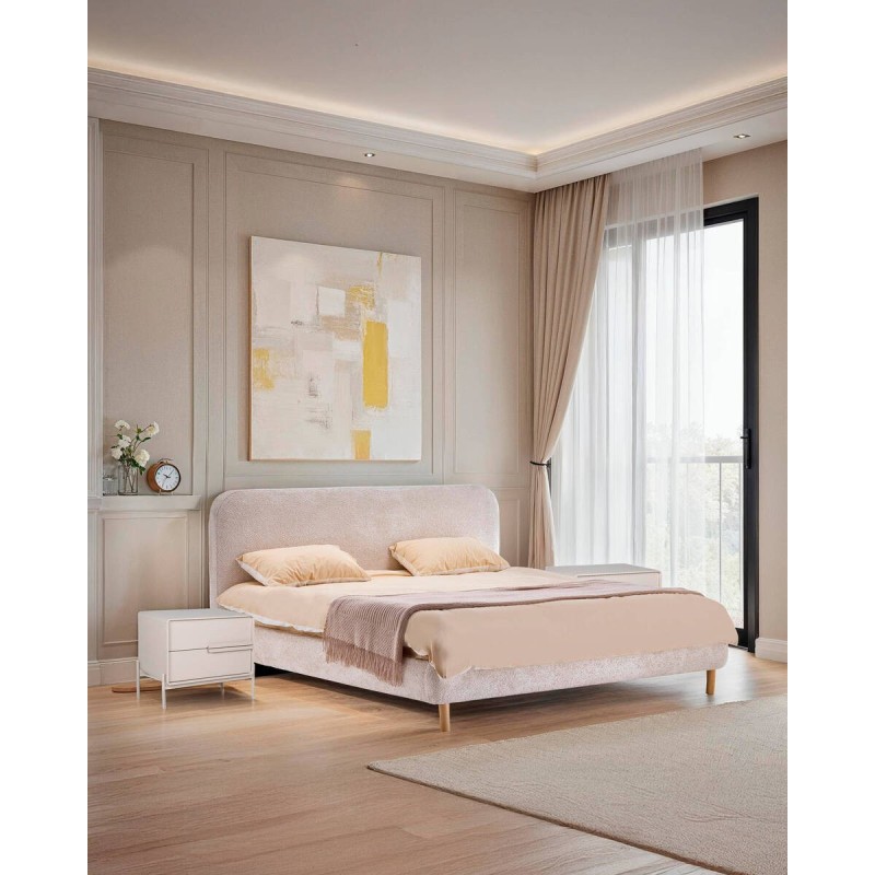Cama Elna en tejido bouclé beige con patas de madera para colchón 180x200cm